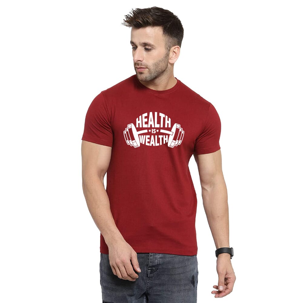 Health Is Wealth Unisex Biowash Tshirt - Maroon